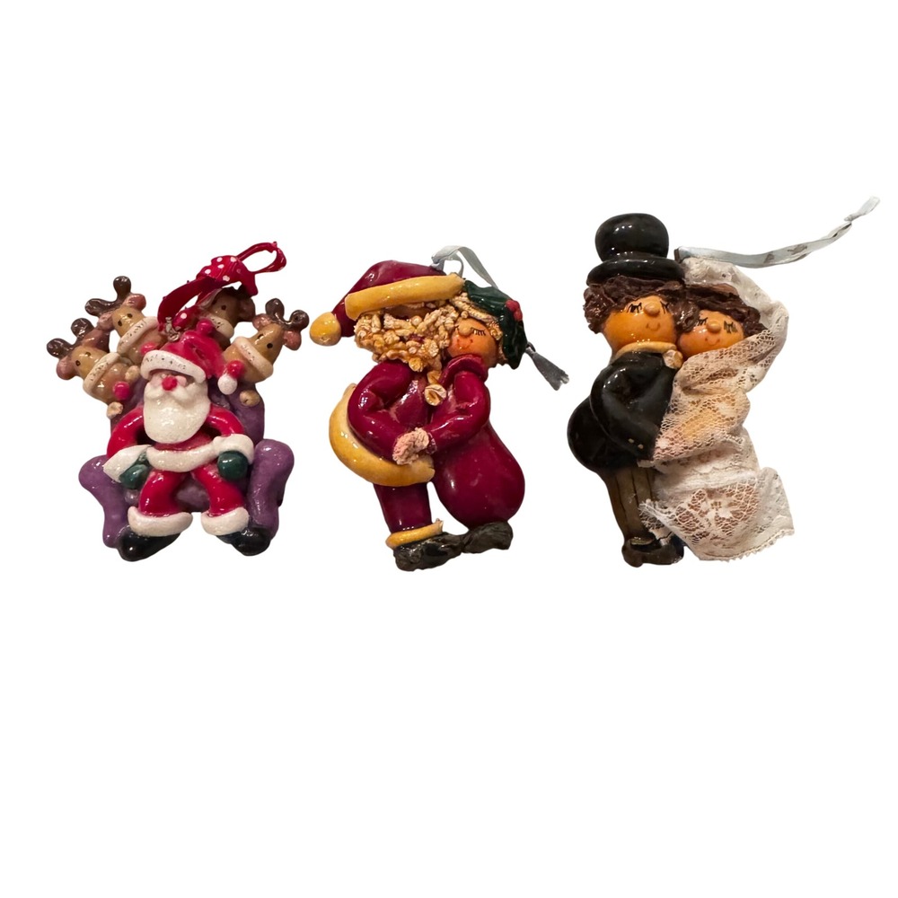 Set of 3 Clay‎ Dough Ornaments Santa Wedding Couple Christmas Vintage